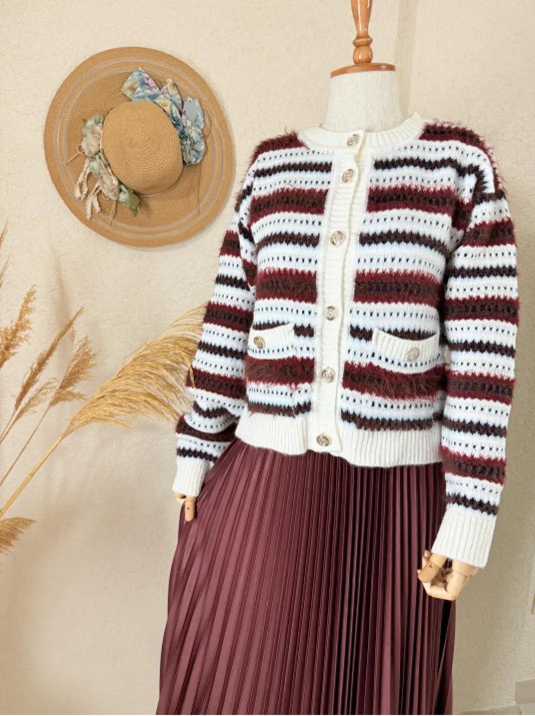 Bordo Çizgili Düğmeli Triko Hırka