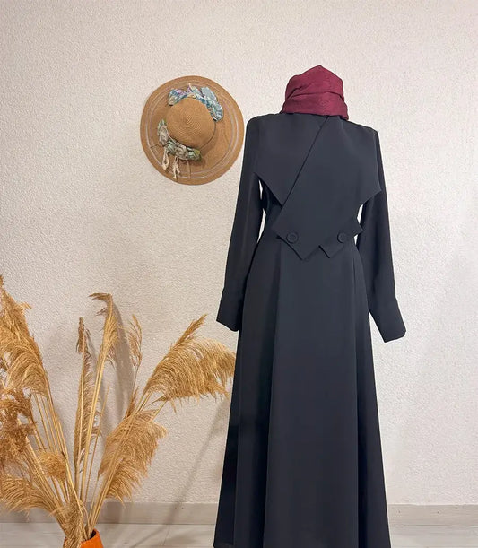 Düğme Detaylı Krep Elbise - Siyah